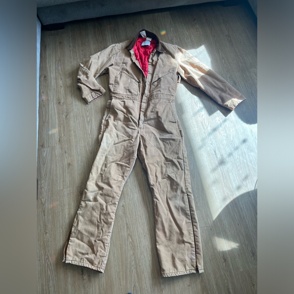 Vintage 70s Insulated Workwear with Bright Red Lining and Tan Exterior